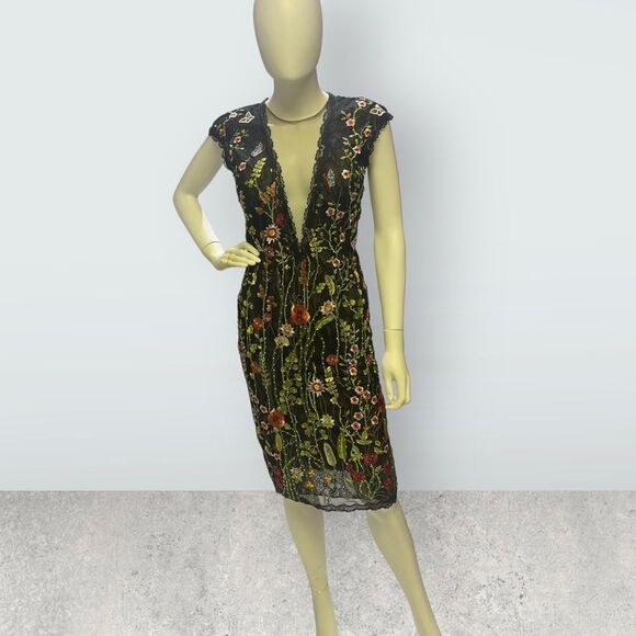 Jovani Sheer Embroidered Over Lace Plunging Neck Cocktail  Dress Whimsical Gothi - Picture 6 of 11